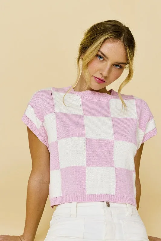 Hannah Loose Fit Checker Knit Top Pink