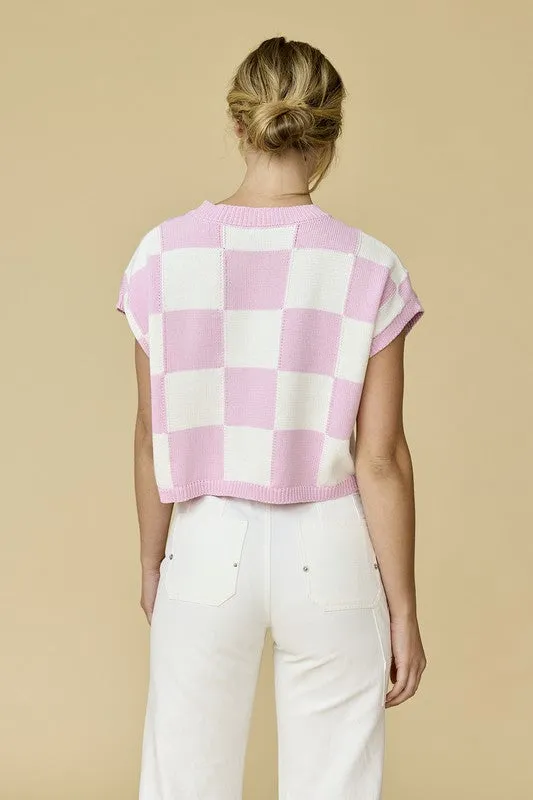 Hannah Loose Fit Checker Knit Top Pink