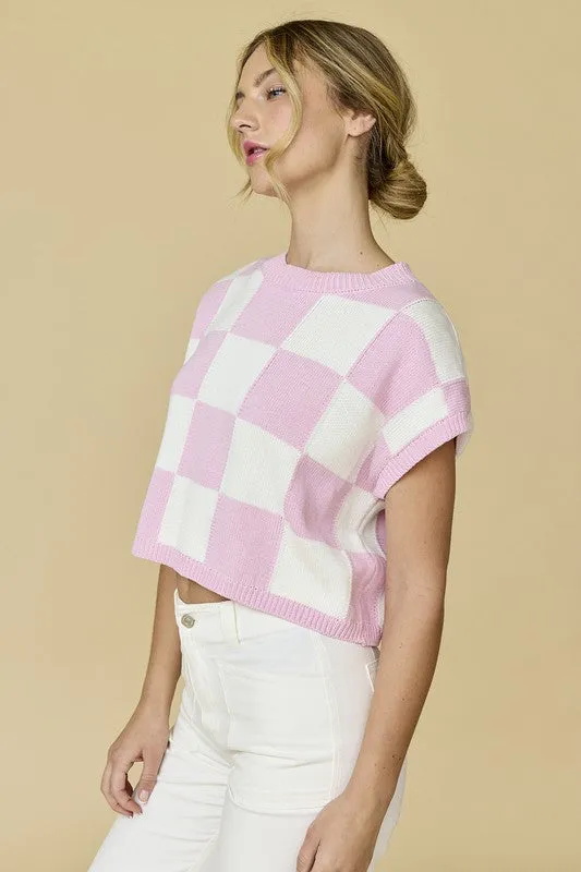 Hannah Loose Fit Checker Knit Top Pink