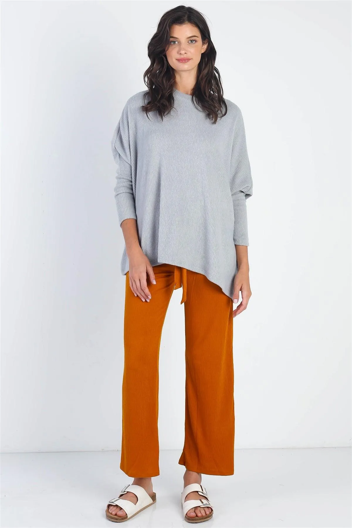 Heather Grey Flannel Ribbed Dolman Sleeve Knit Top
