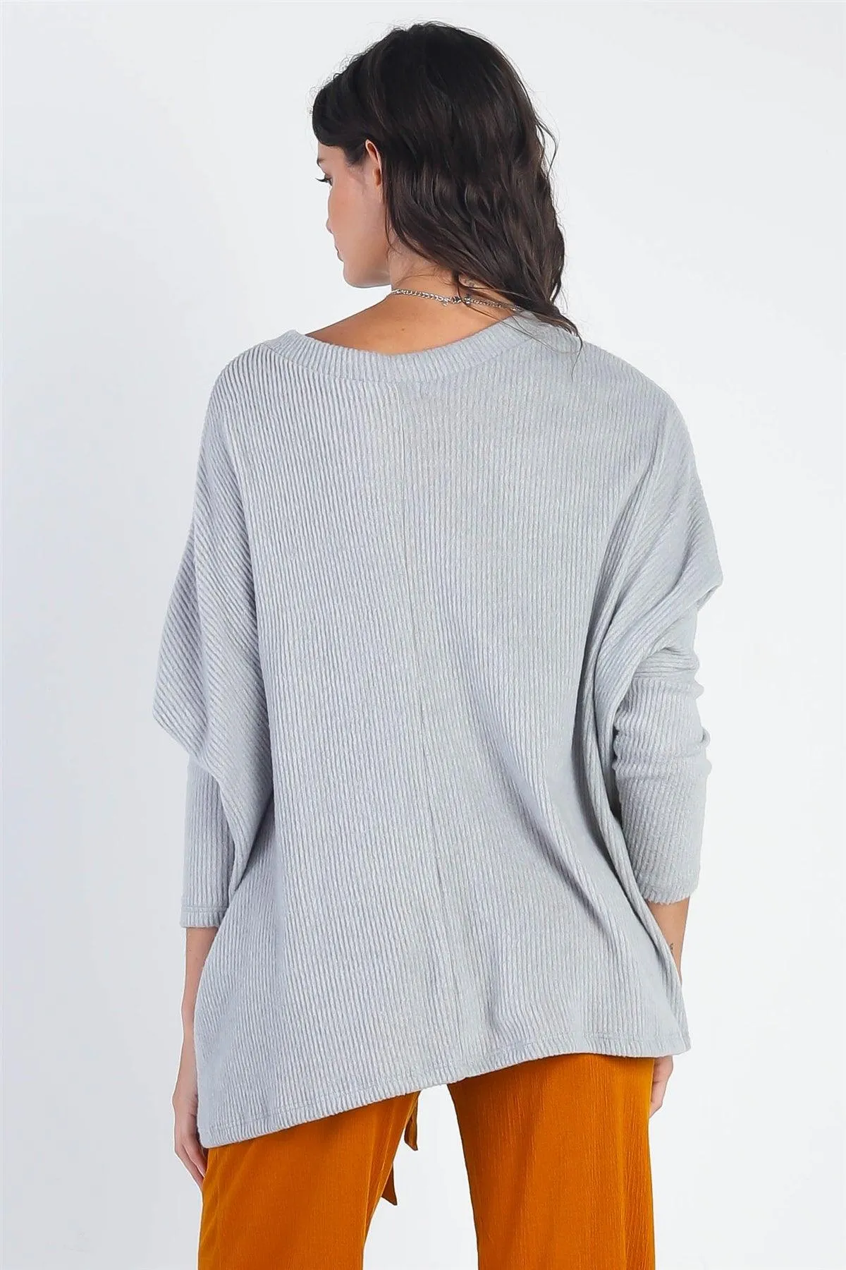 Heather Grey Flannel Ribbed Dolman Sleeve Knit Top