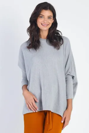Heather Grey Flannel Ribbed Dolman Sleeve Knit Top