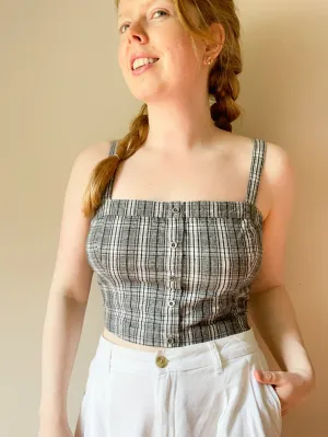 Hollister Grey Plaid Smocked Corset Square Neck Crop Top - Medium