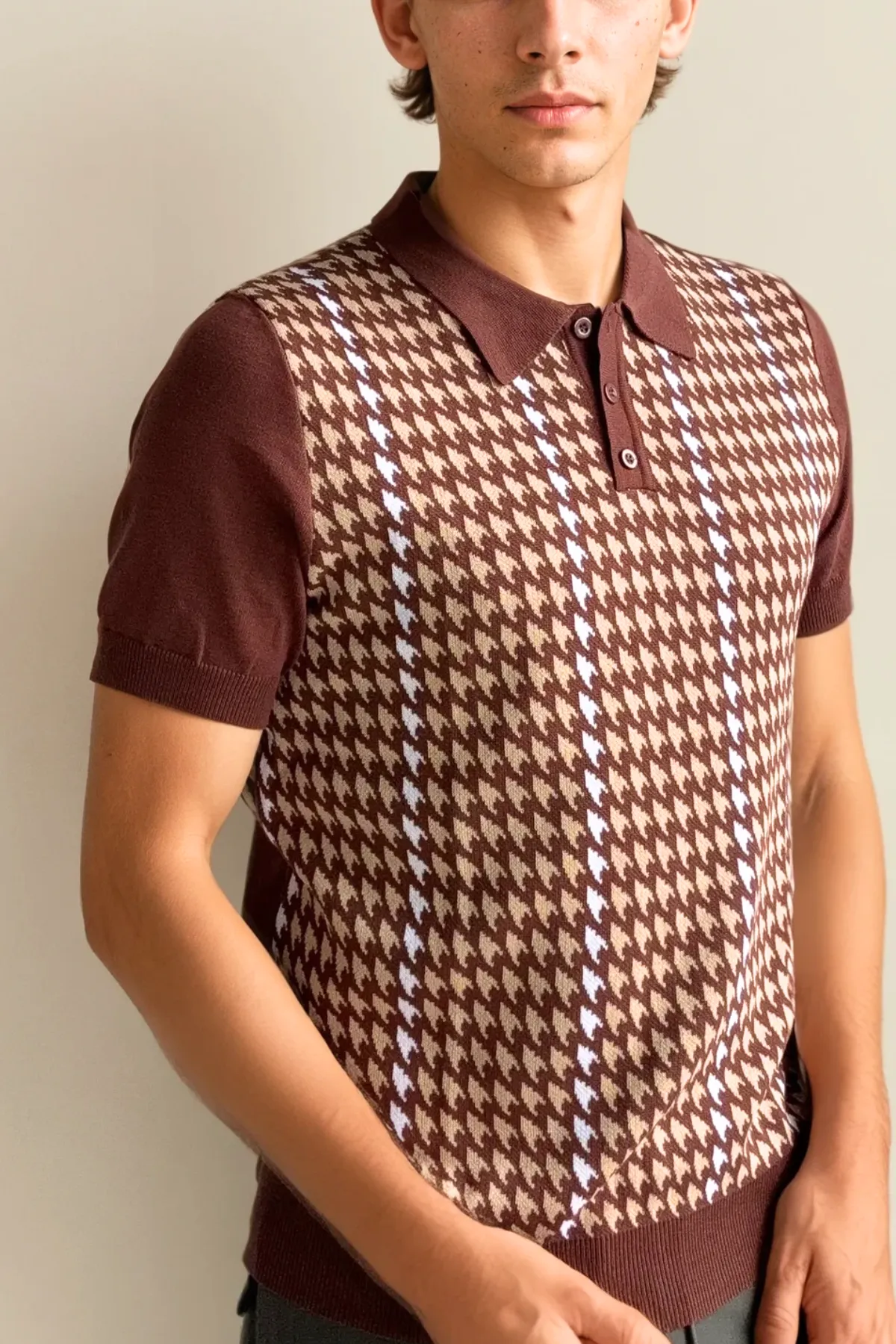 Houndstooth Knit Polo - Brown Check