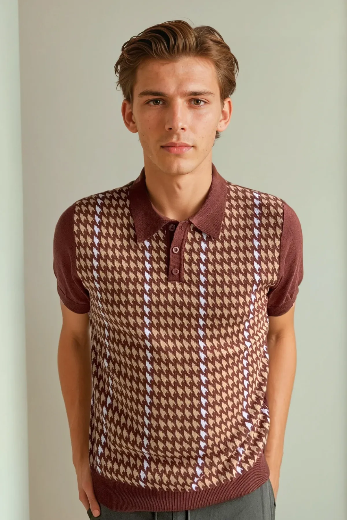 Houndstooth Knit Polo - Brown Check
