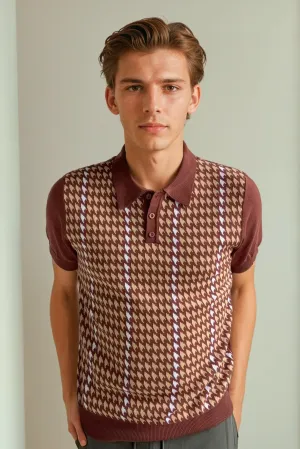 Houndstooth Knit Polo - Brown Check