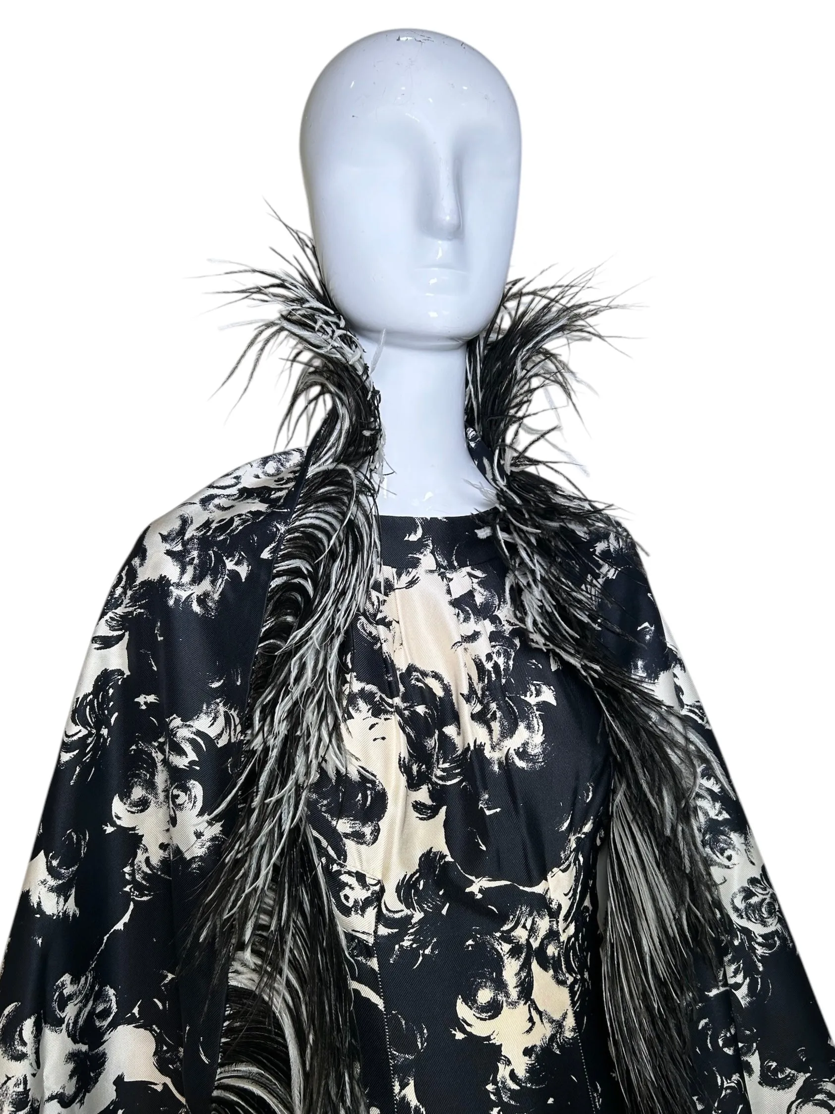 Incredible Sophie of Saks 60s Abstract Black & White Gown with Ostrich Feather Stole