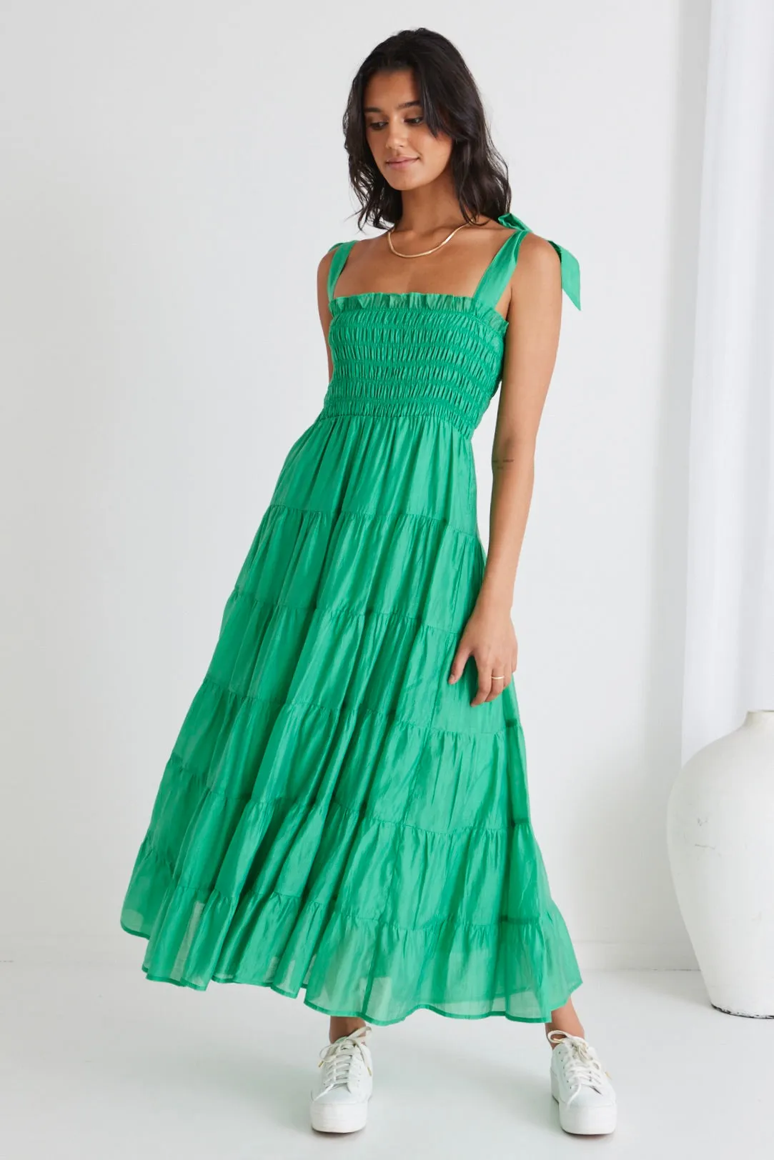 Isabella Apple Green Cotton Poplin Strappy Tiered Maxi Dress