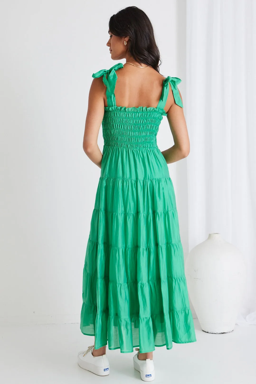 Isabella Apple Green Cotton Poplin Strappy Tiered Maxi Dress