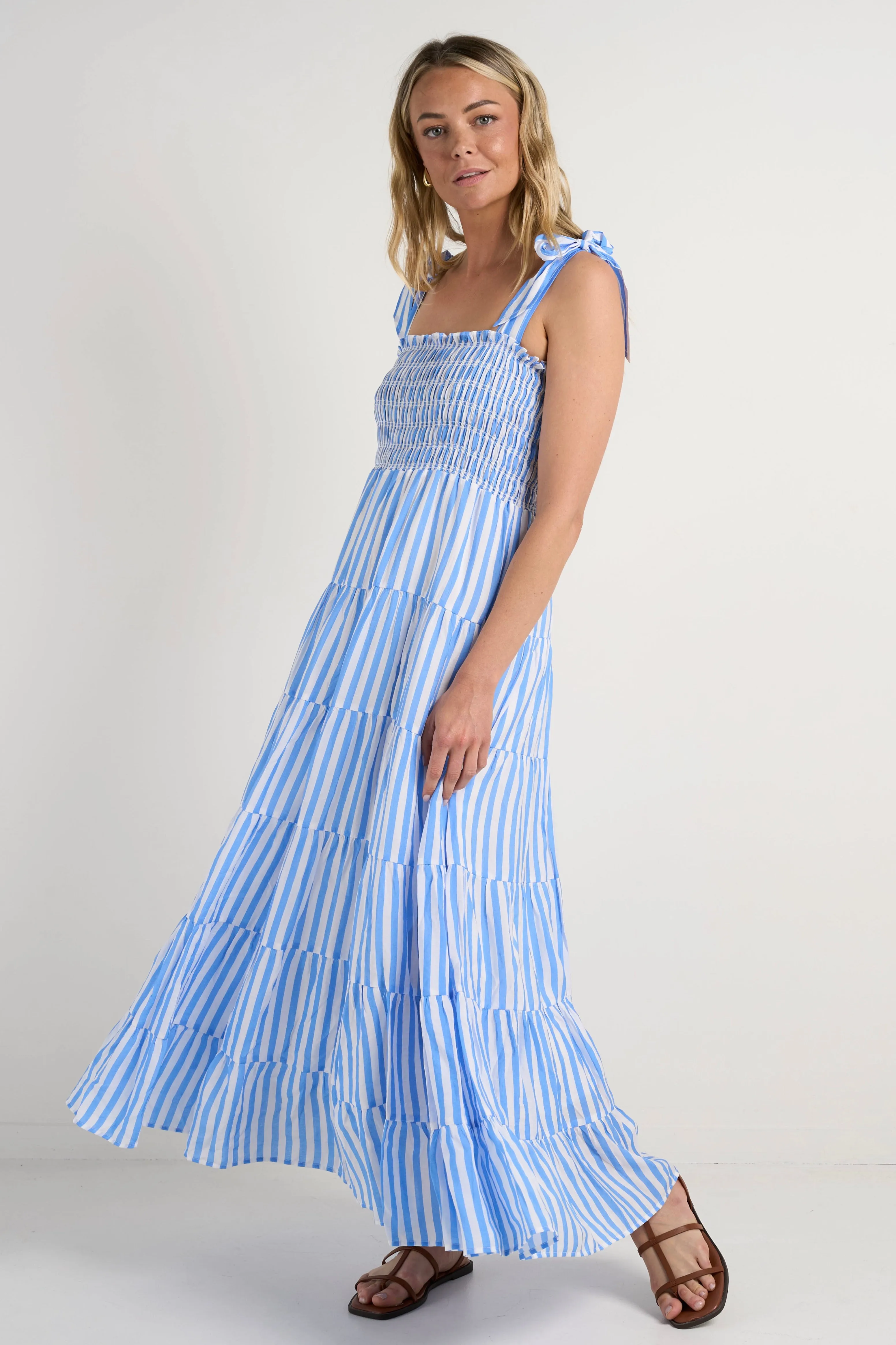 Isabella Blue White Stripe Strappy Tiered Maxi Dress