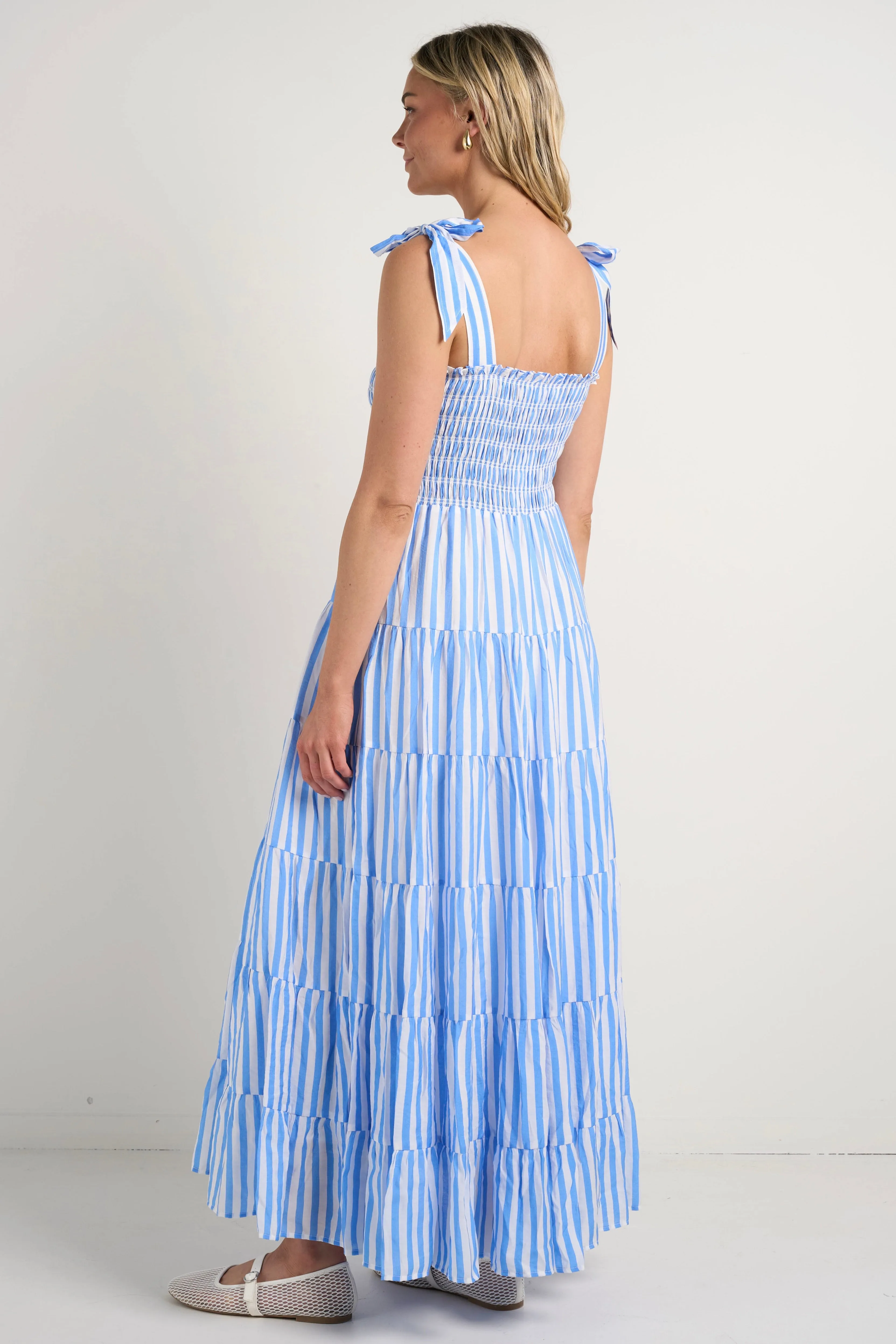 Isabella Blue White Stripe Strappy Tiered Maxi Dress