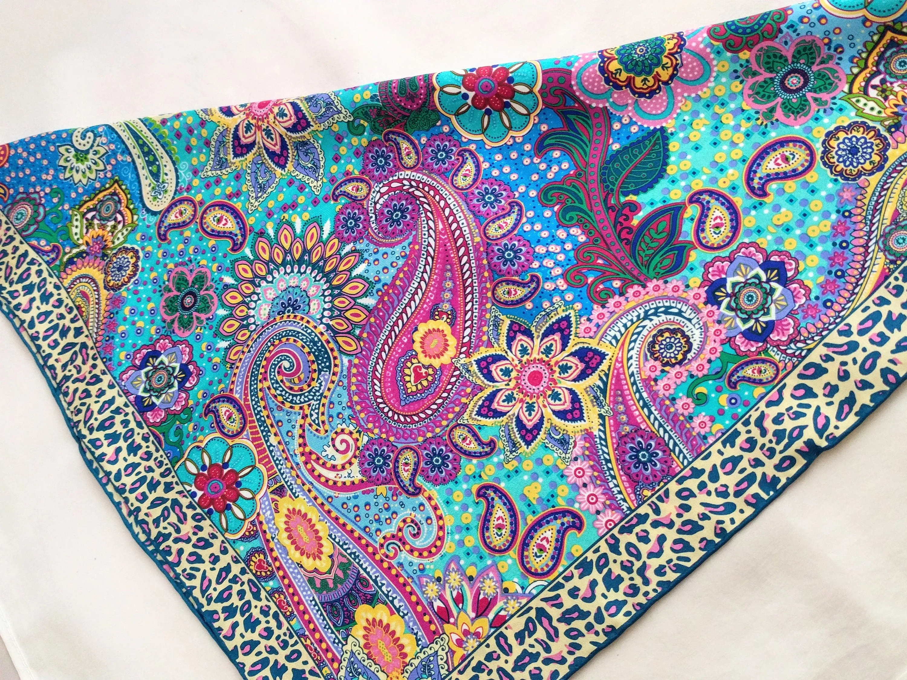 Italian Silk Scarf – Small Multicolored Como Silk Scarf, Made in Italy, Pink, Purple, Blue, 19.5" Square with Rolled Edges