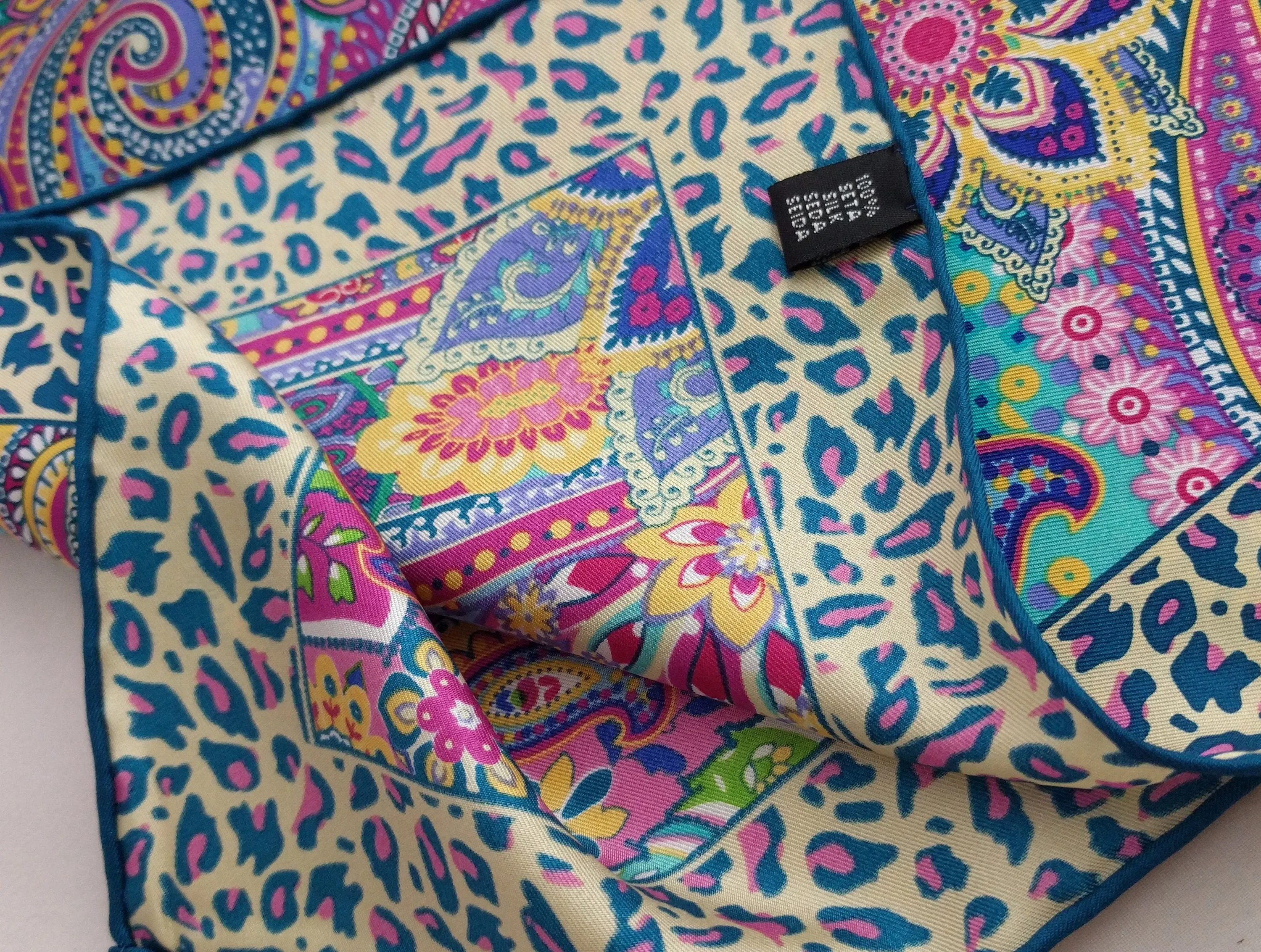 Italian Silk Scarf – Small Multicolored Como Silk Scarf, Made in Italy, Pink, Purple, Blue, 19.5" Square with Rolled Edges