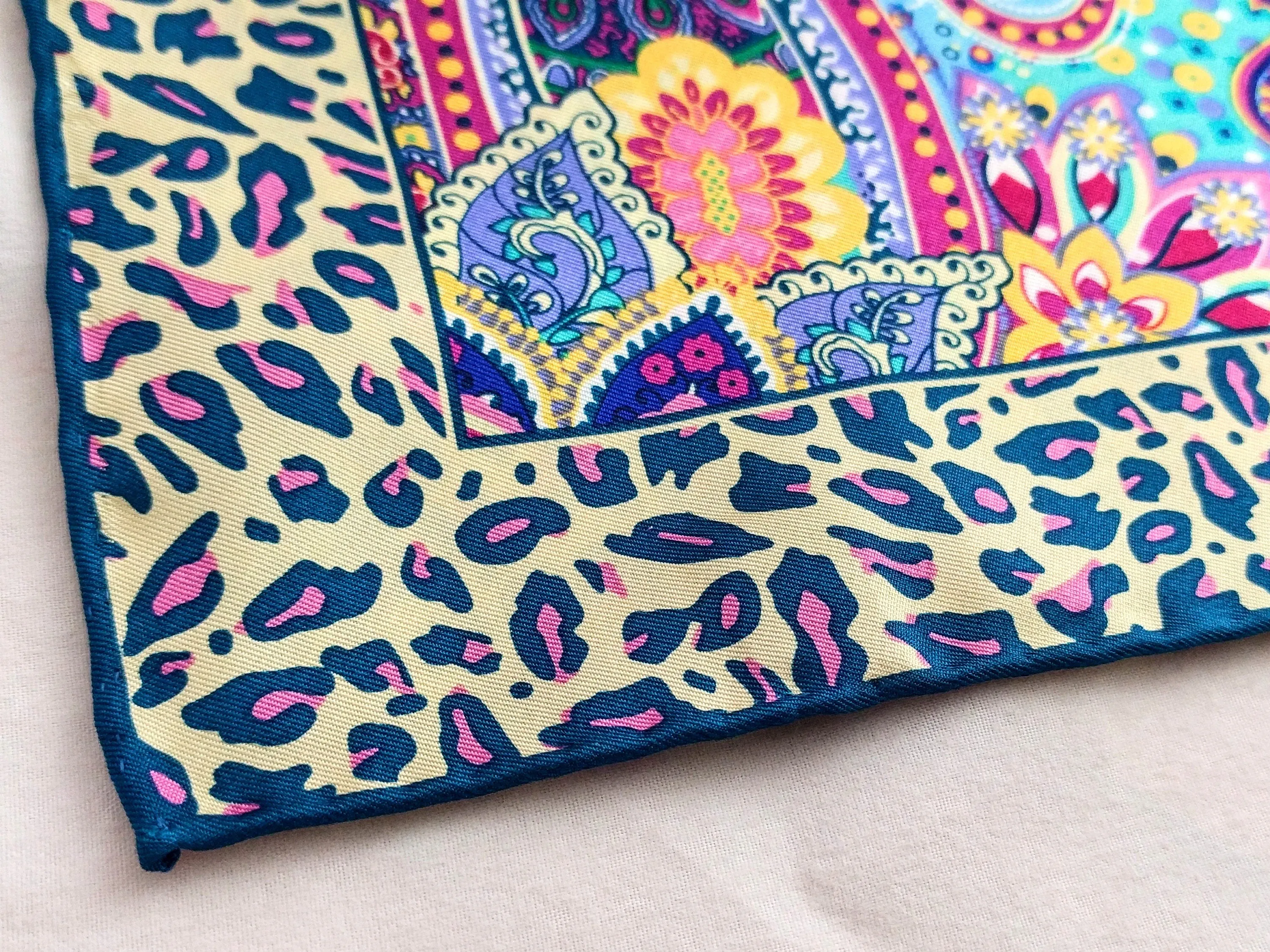 Italian Silk Scarf – Small Multicolored Como Silk Scarf, Made in Italy, Pink, Purple, Blue, 19.5" Square with Rolled Edges