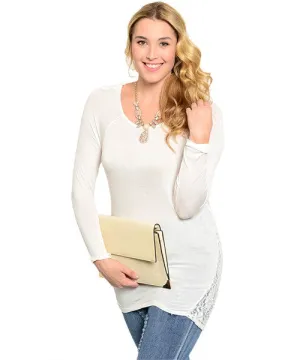 Ivory Stretch Knit Plus Size Long Sleeve Hi-Lo Top with Lace Back
