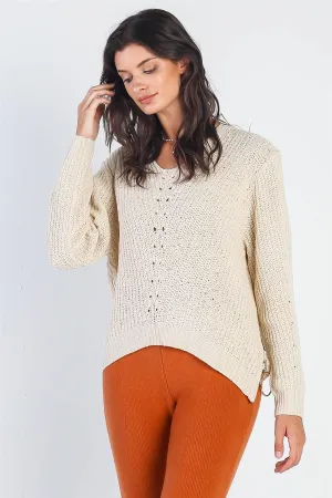 Ivory Zip-Down Detail Long Sleeve Knit Top /4-2