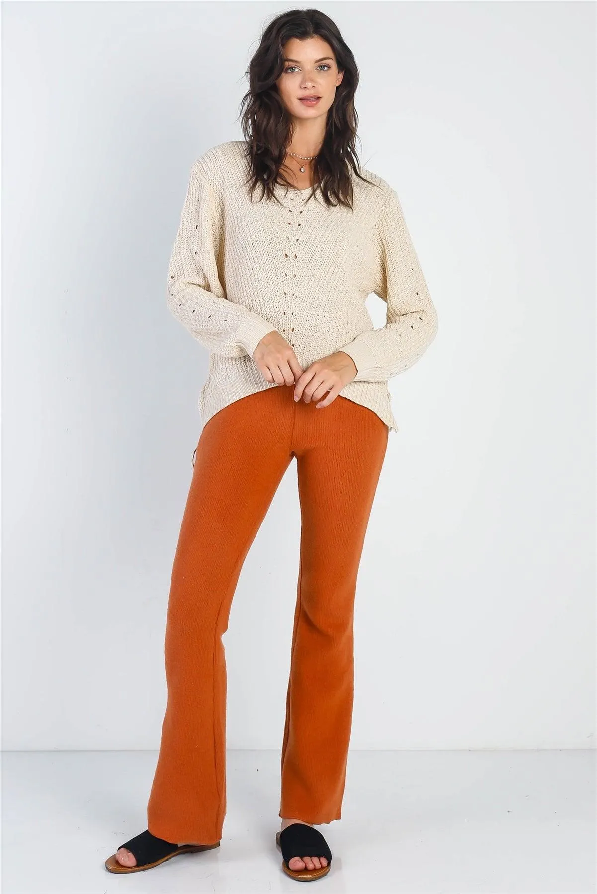 Ivory Zip-Down Detail Long Sleeve Knit Top /4-2