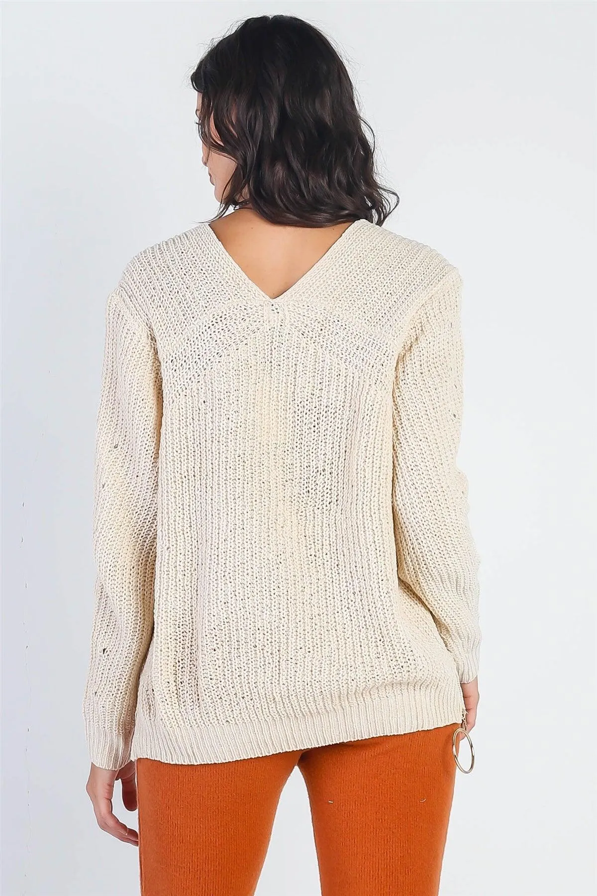 Ivory Zip-Down Detail Long Sleeve Knit Top /4-2