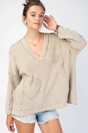 JANA MINERAL WASHED HEART PATCH RIB KNIT PULLOVER