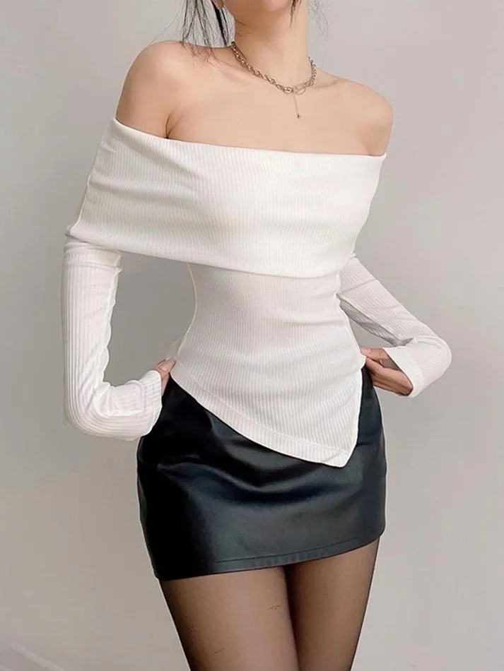 Joskaa Off Shoulder Black Ribbed Long Sleeve Knit Top