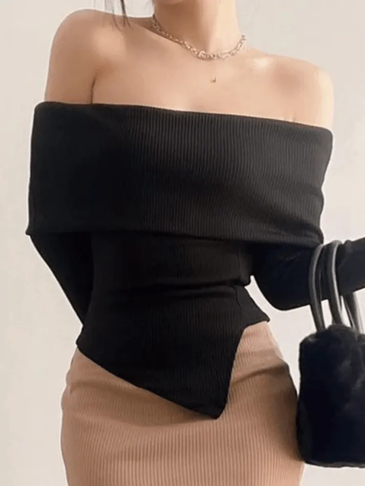 Joskaa Off Shoulder Black Ribbed Long Sleeve Knit Top