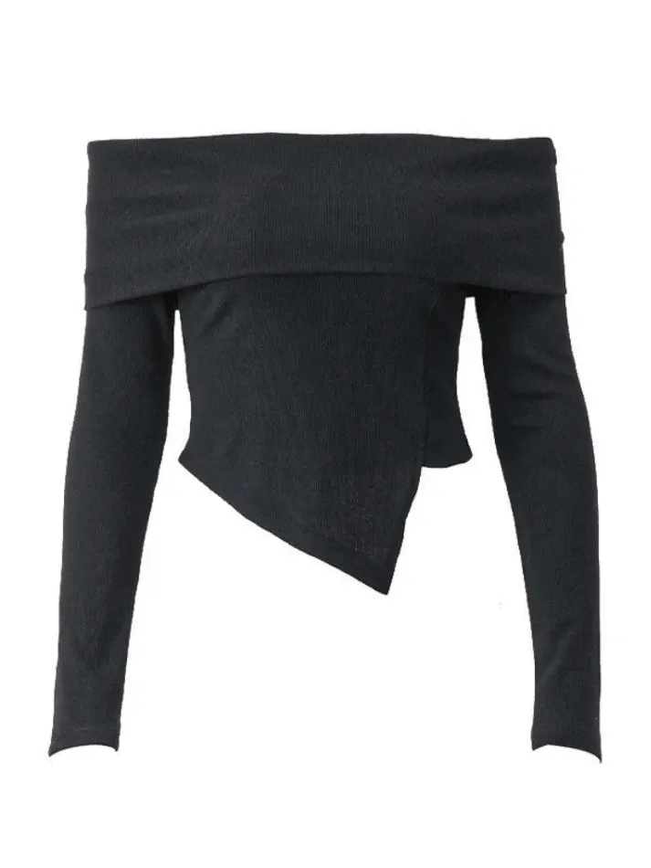 Joskaa Off Shoulder Black Ribbed Long Sleeve Knit Top