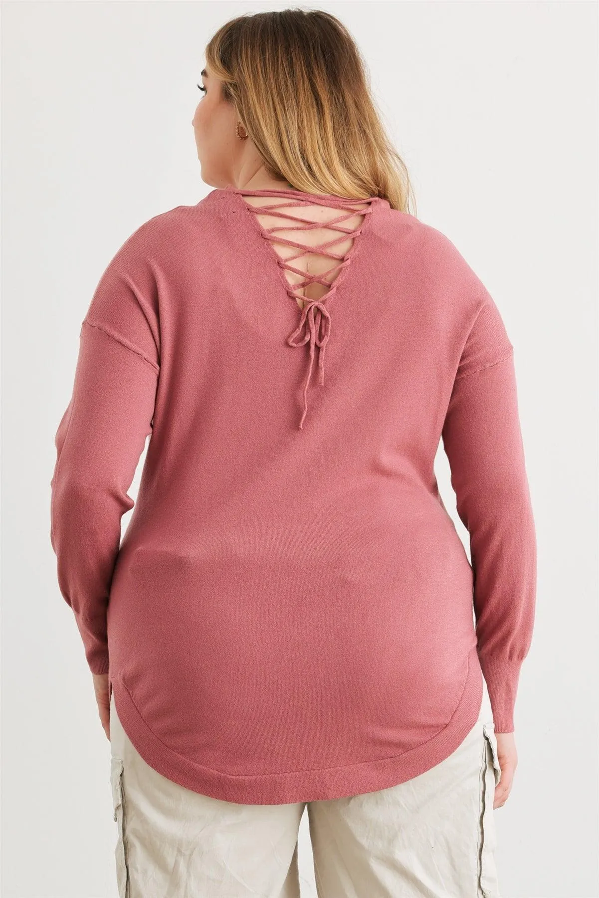 Junior Plus Dark Mauve Knit Back Lace-Up Curved Hem Top /1-2-2