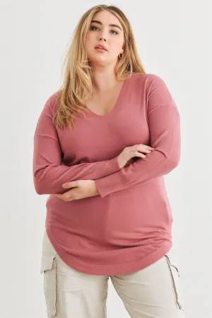 Junior Plus Dark Mauve Knit Back Lace-Up Curved Hem Top /1-2-2
