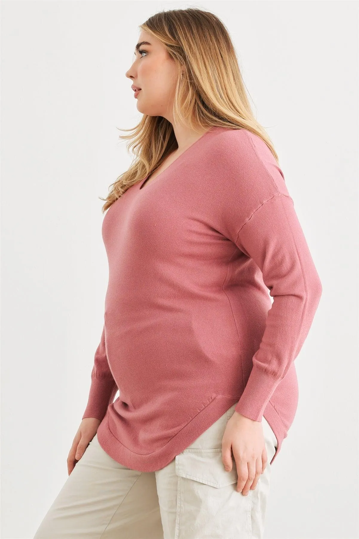Junior Plus Dark Mauve Knit Back Lace-Up Curved Hem Top /1-2-2