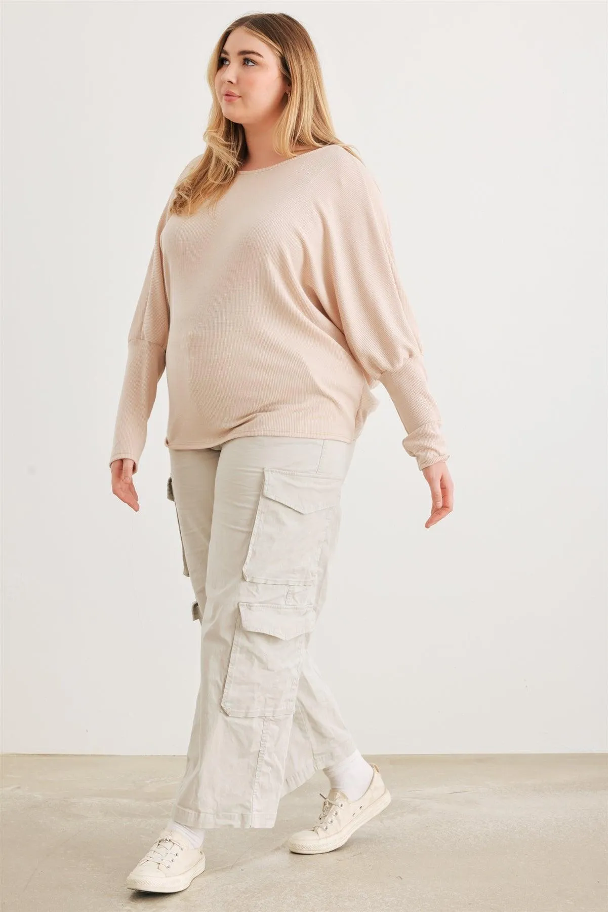 Junior Plus Sand Knit Batwing Sleeve Wrap Open Back Top /3-2-1