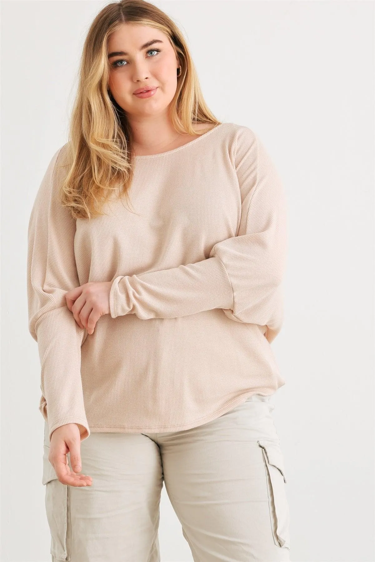 Junior Plus Sand Knit Batwing Sleeve Wrap Open Back Top /3-2-1