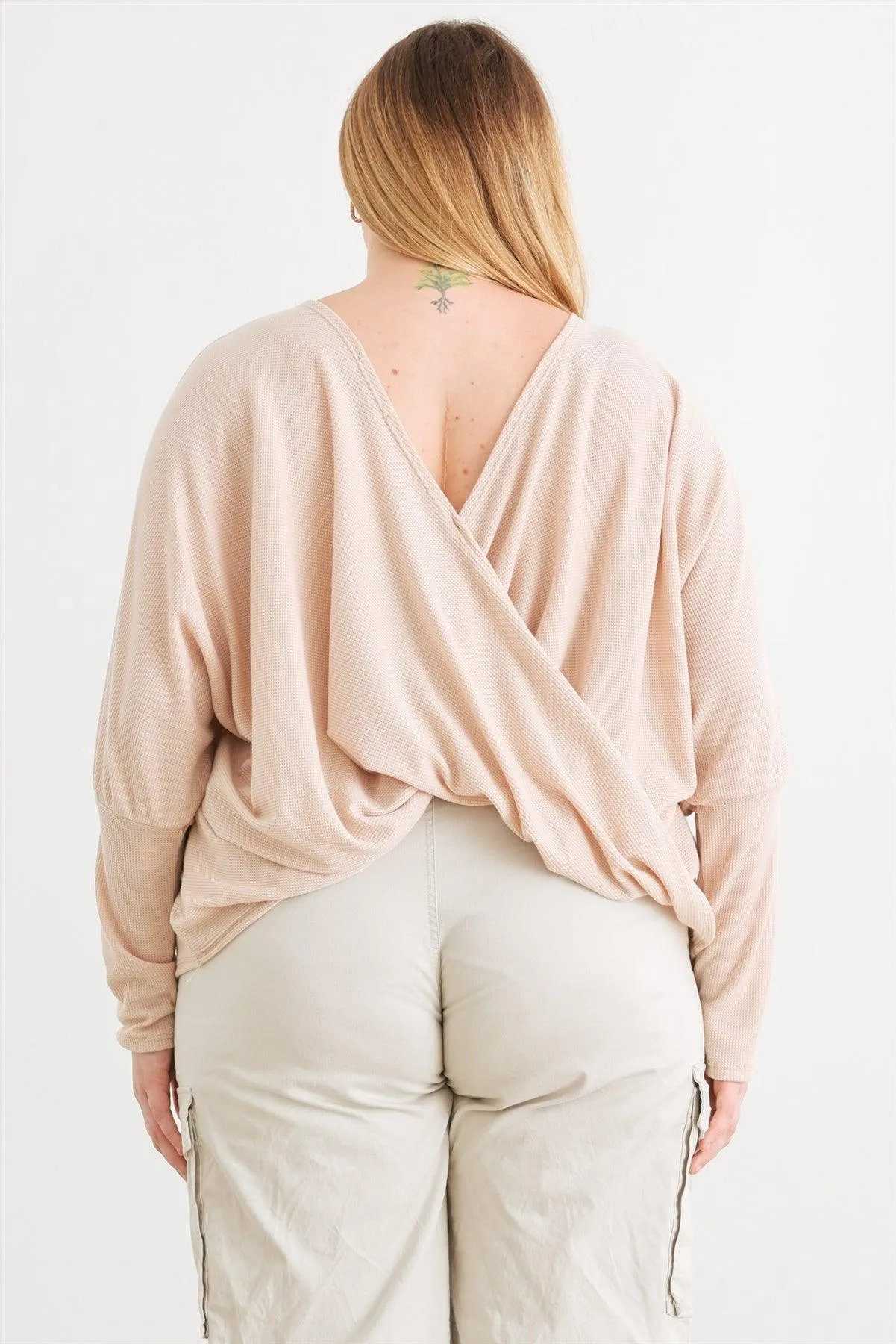 Junior Plus Sand Knit Batwing Sleeve Wrap Open Back Top /3-2-1