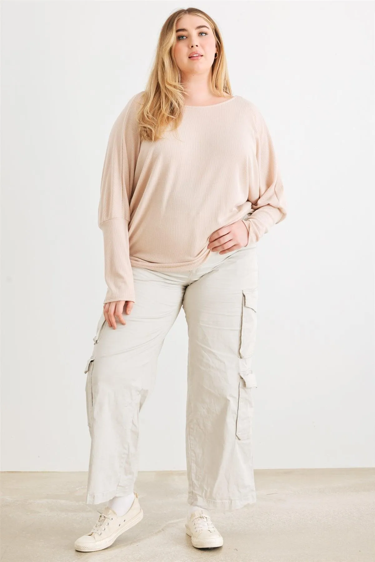Junior Plus Sand Knit Batwing Sleeve Wrap Open Back Top /3-2-1