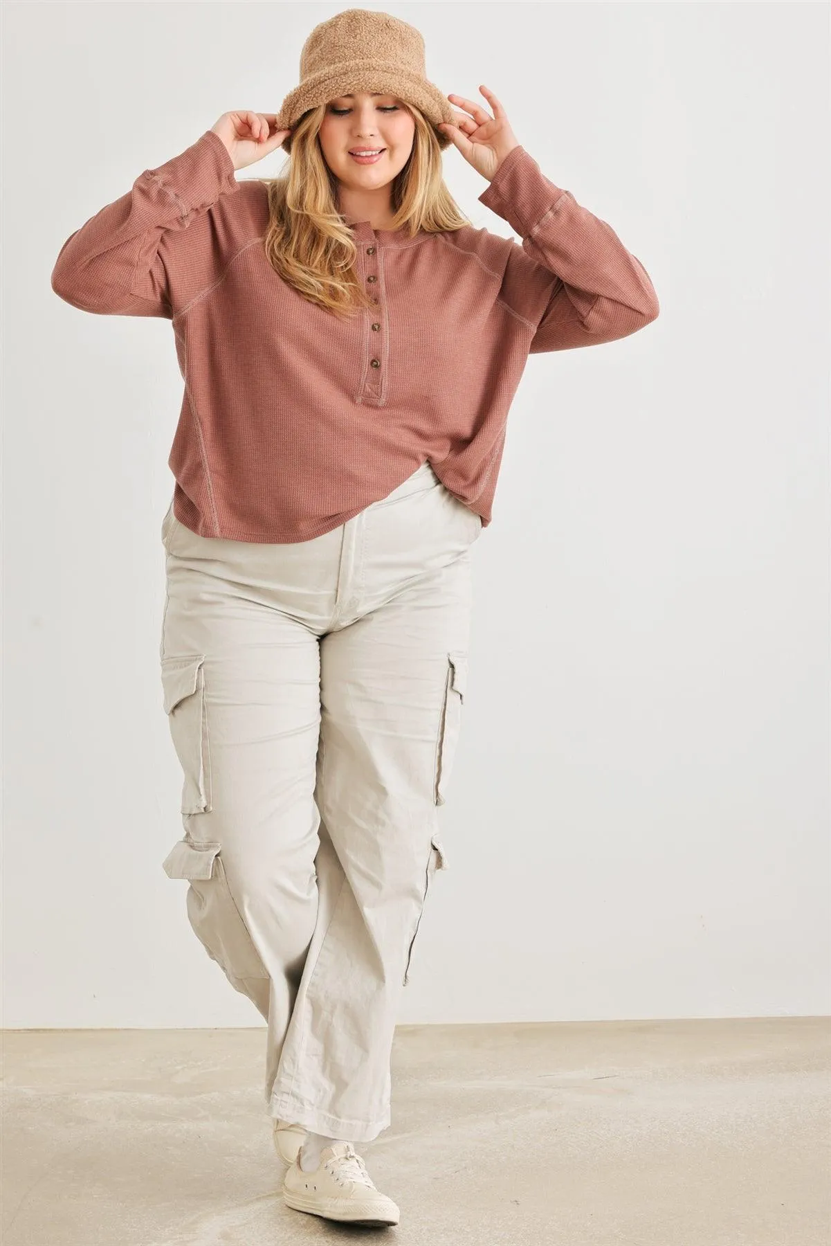 Junior Plus Terracotta Waffle Knit Button Neck Long Sleeve Top /3-3-1