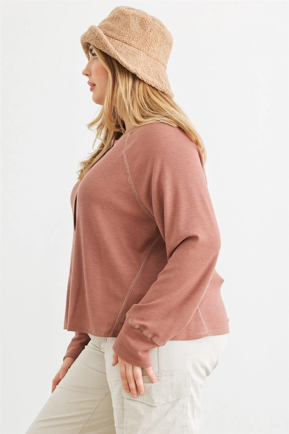 Junior Plus Terracotta Waffle Knit Button Neck Long Sleeve Top /3-3-1