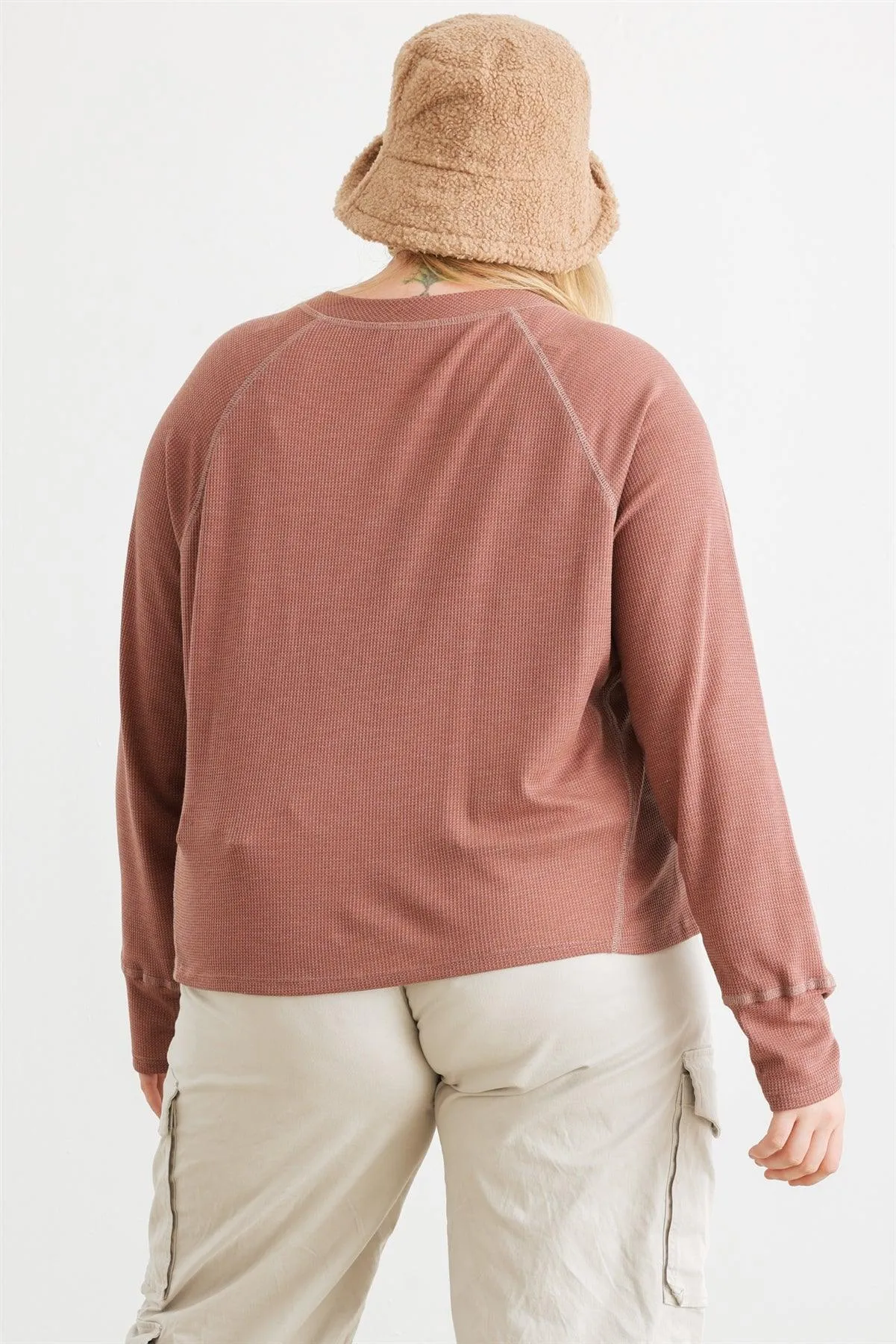 Junior Plus Terracotta Waffle Knit Button Neck Long Sleeve Top /3-3-1