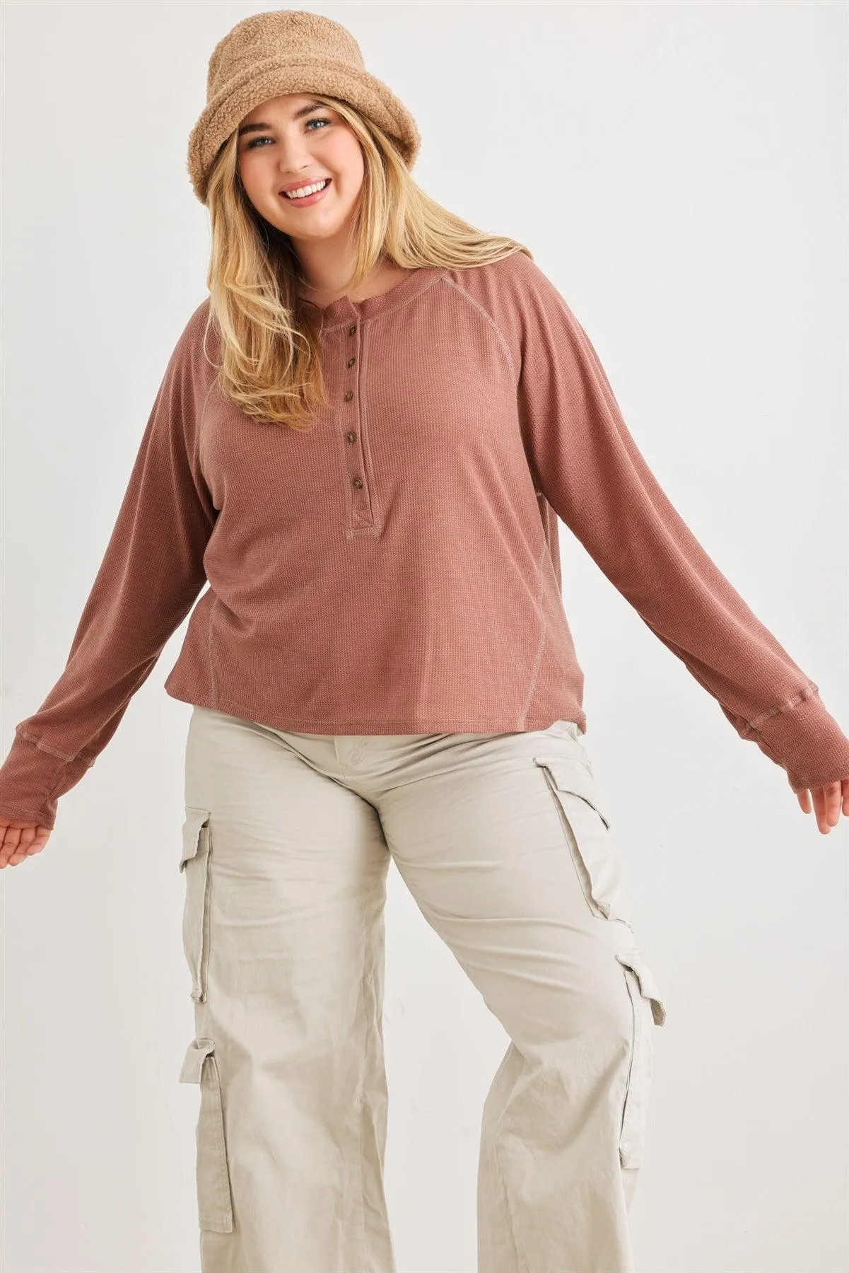 Junior Plus Terracotta Waffle Knit Button Neck Long Sleeve Top /3-3-1