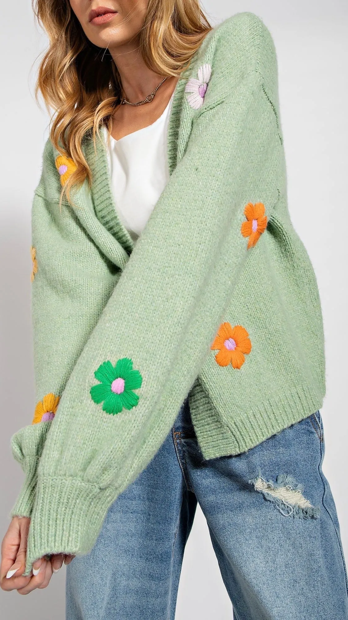 Knitted Flower Cardigan Sage