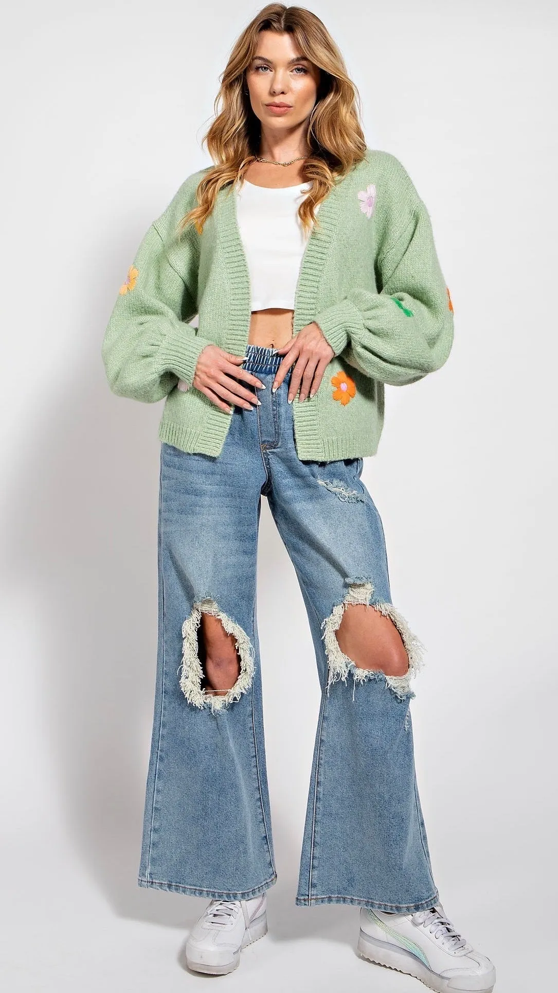 Knitted Flower Cardigan Sage