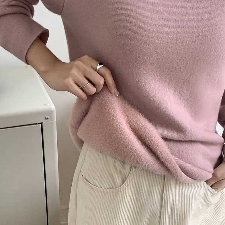 [Korean Style] Cozy Cozy 4 Solid Color Fleece Lined Mock Neck Knit Top