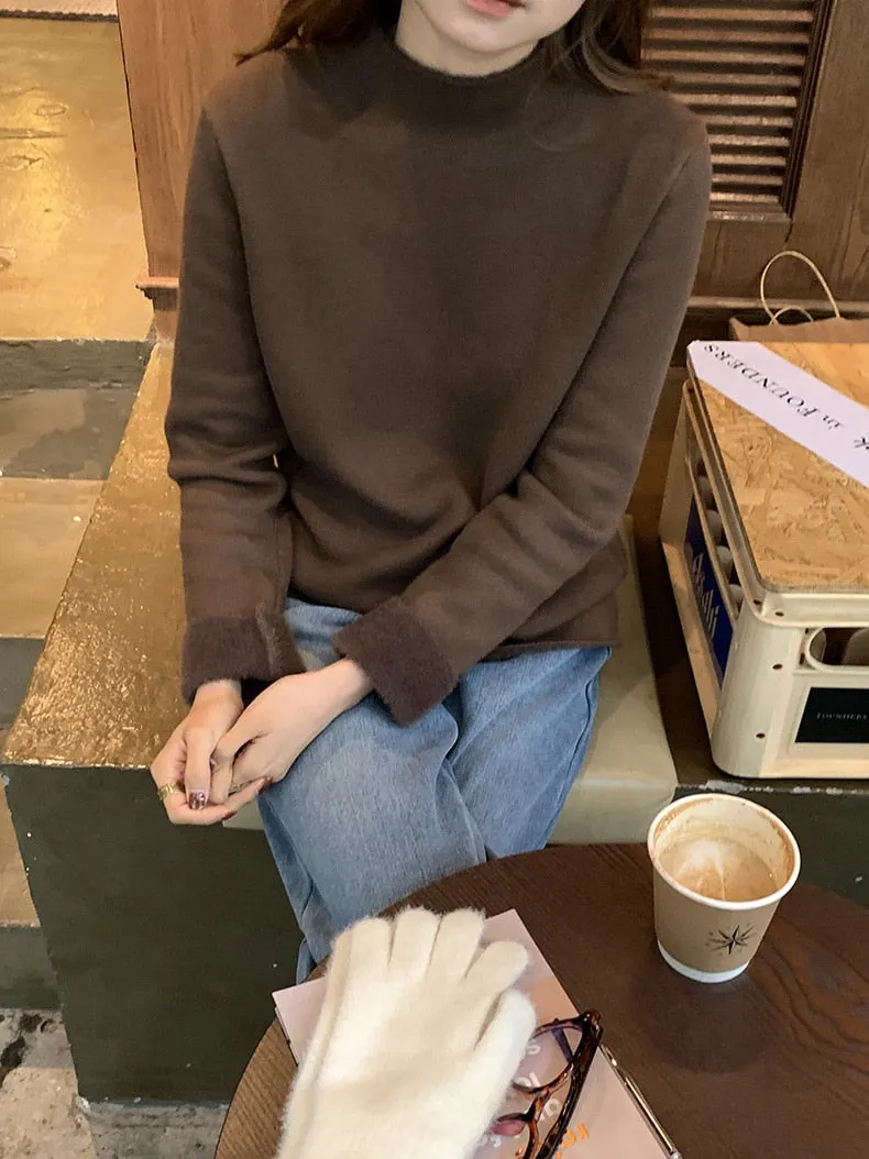 [Korean Style] Cozy Cozy 4 Solid Color Fleece Lined Mock Neck Knit Top