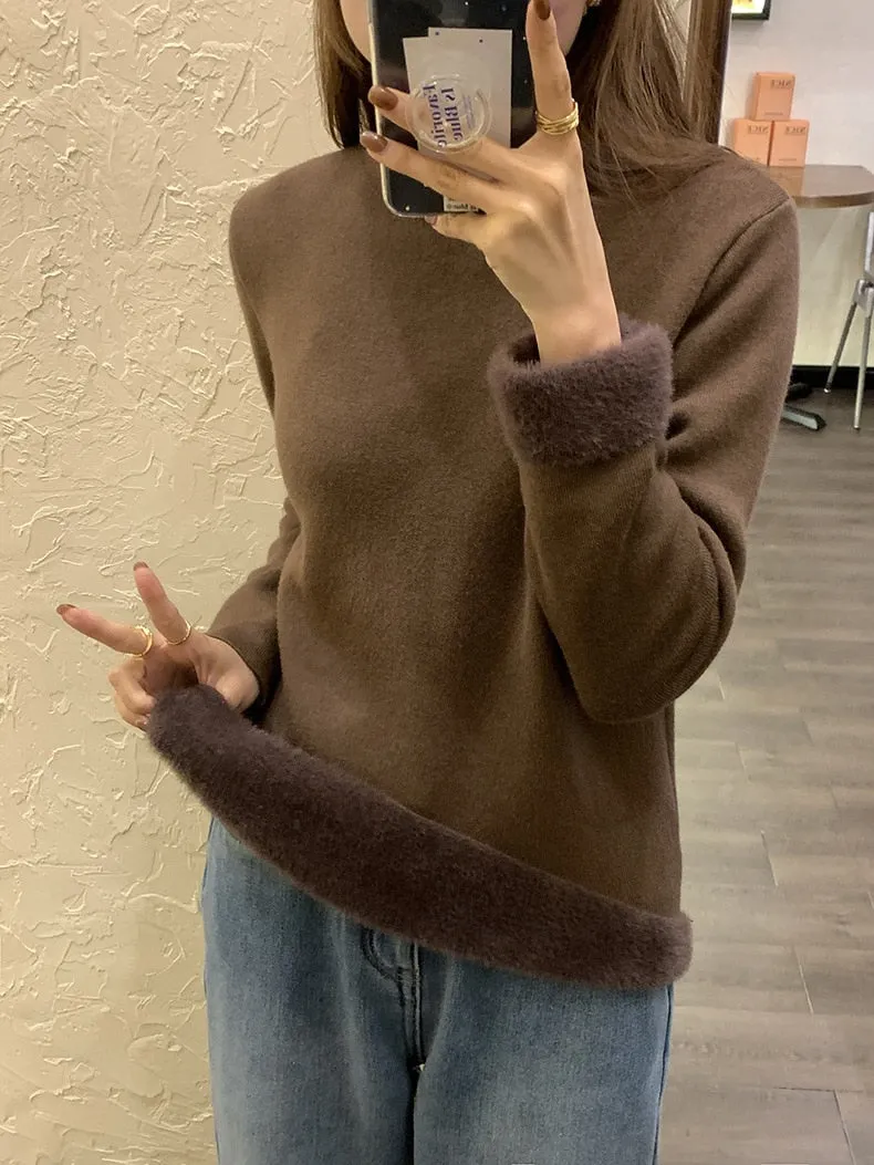 [Korean Style] Cozy Cozy 4 Solid Color Fleece Lined Mock Neck Knit Top