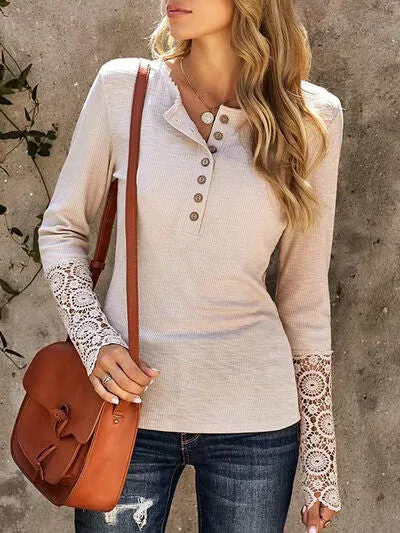 Lace Detail Half Button Long Sleve Knit Top