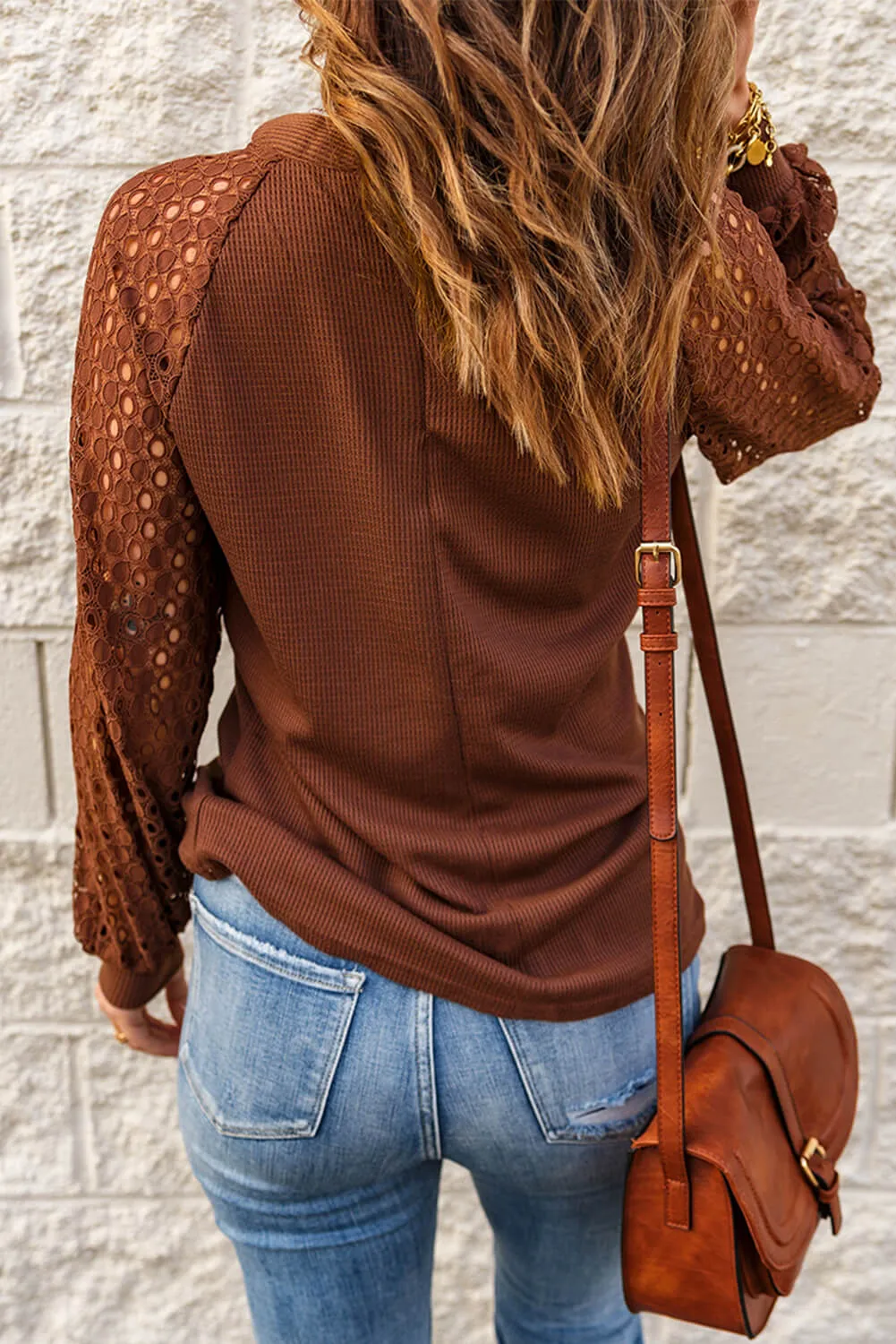 Lace Raglan Sleeve Waffle Knit Top