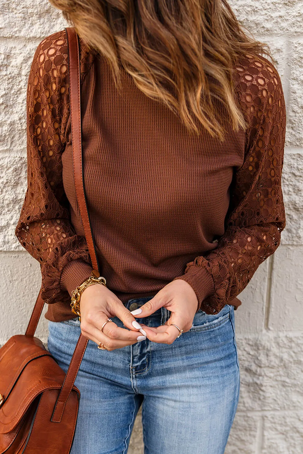 Lace Raglan Sleeve Waffle Knit Top