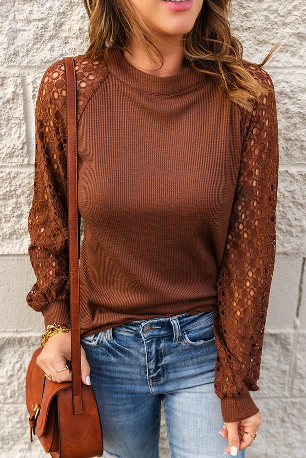 Lace Raglan Sleeve Waffle Knit Top