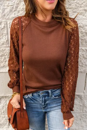 Lace Raglan Sleeve Waffle Knit Top