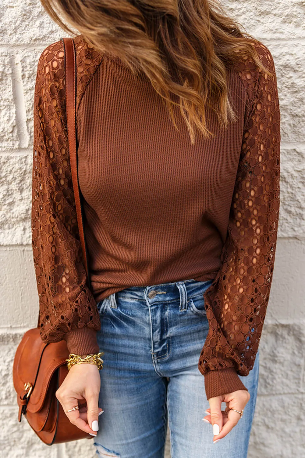 Lace Raglan Sleeve Waffle Knit Top