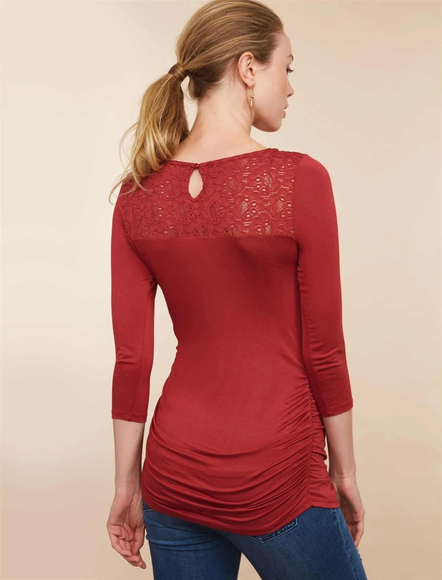Lace Trim Ruched Maternity Shirt in Rosewood