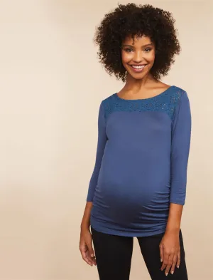 Lace Trim Ruched Maternity Shirt in Sargasso Blue